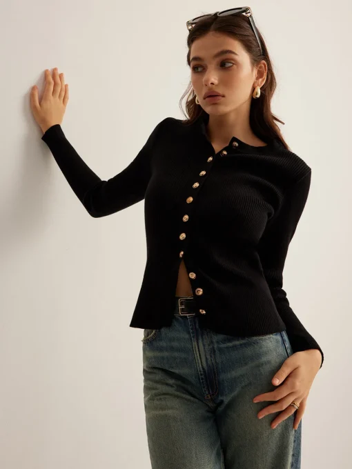 COMMENSE Sweater Tops|Sweaters & Cardigans^Button Down Skinny Knit Top Black