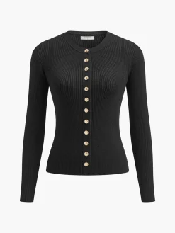 COMMENSE Sweater Tops|Sweaters & Cardigans^Button Down Skinny Knit Top Black