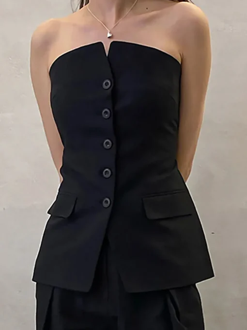 COMMENSE Tank Tops & Camis|Tops^Button Down Tube Top Black