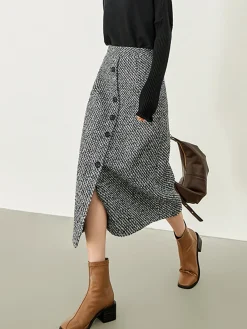 COMMENSE Skirts|Bottoms^Button Down Tweed Boucle Maxi Skirt Black