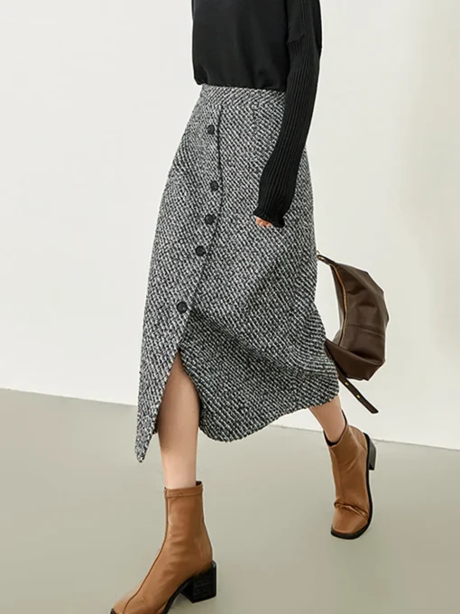 COMMENSE Skirts|Bottoms^Button Down Tweed Boucle Maxi Skirt Black