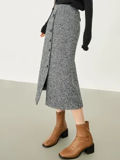 COMMENSE Skirts|Bottoms^Button Down Tweed Boucle Maxi Skirt Black