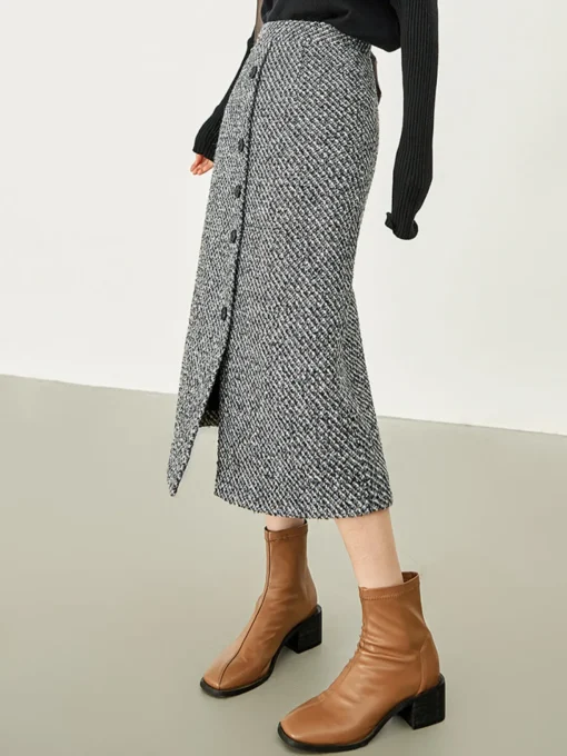 COMMENSE Skirts|Bottoms^Button Down Tweed Boucle Maxi Skirt Black