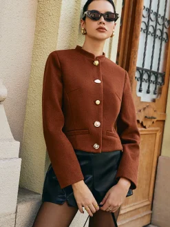 COMMENSE Outerwear|Coats^Button Down Tweed Short Coat Brown