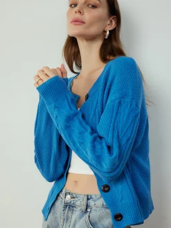 COMMENSE Cardigans|Sweaters & Cardigans^Button Down Twist Thin Cardigan Blue