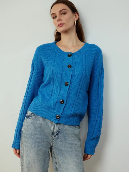 COMMENSE Cardigans|Sweaters & Cardigans^Button Down Twist Thin Cardigan Blue