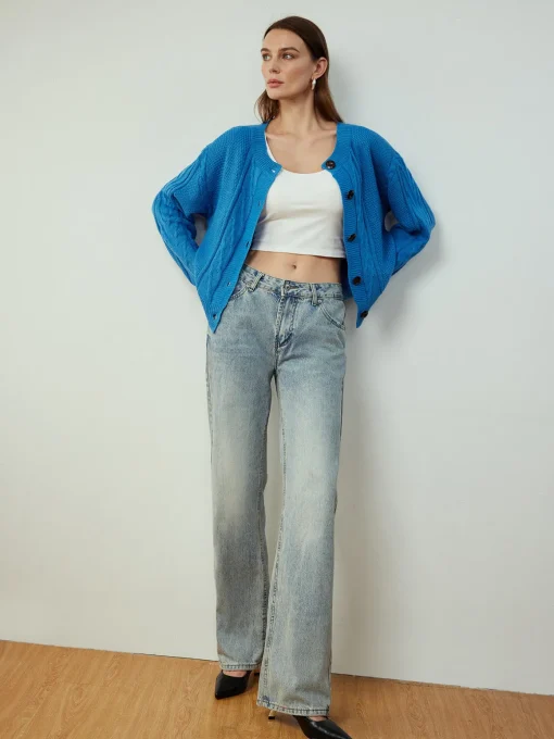 COMMENSE Cardigans|Sweaters & Cardigans^Button Down Twist Thin Cardigan Blue