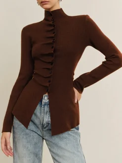 COMMENSE Sweater Tops|Sweaters & Cardigans^Button Pleated Split Knit Top DarkBrown