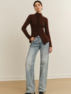 COMMENSE Sweater Tops|Sweaters & Cardigans^Button Pleated Split Knit Top DarkBrown