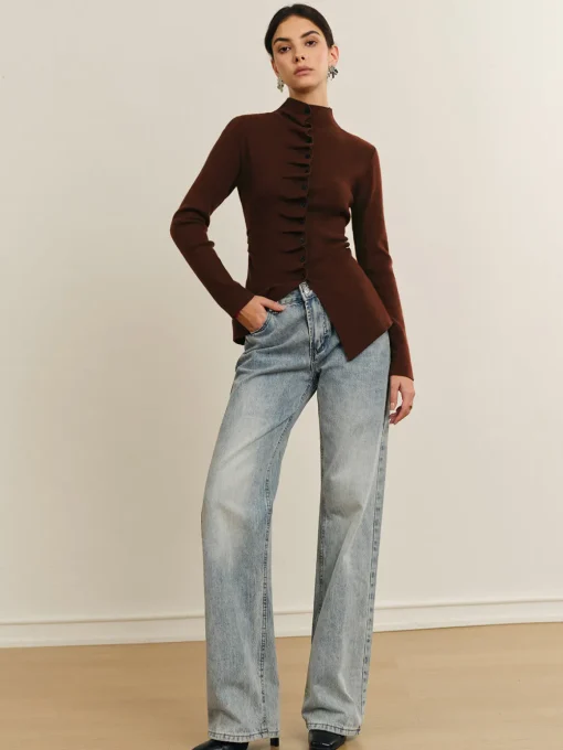 COMMENSE Sweater Tops|Sweaters & Cardigans^Button Pleated Split Knit Top DarkBrown