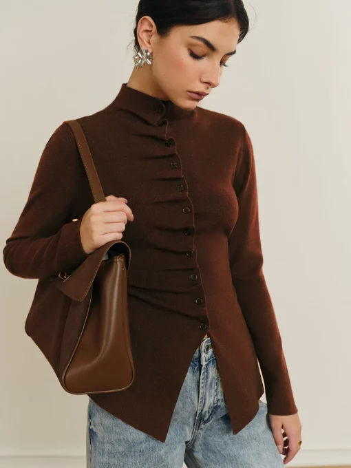 COMMENSE Sweater Tops|Sweaters & Cardigans^Button Pleated Split Knit Top DarkBrown