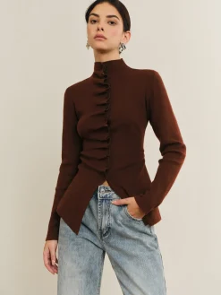 COMMENSE Sweater Tops|Sweaters & Cardigans^Button Pleated Split Knit Top DarkBrown