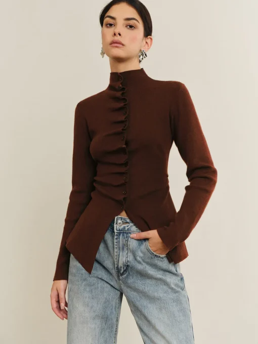 COMMENSE Sweater Tops|Sweaters & Cardigans^Button Pleated Split Knit Top DarkBrown