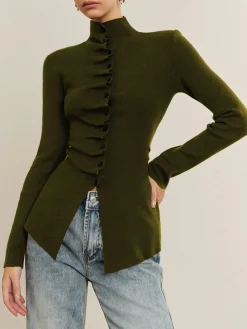 COMMENSE Sweater Tops|Sweaters & Cardigans^Button Pleated Split Knit Top DarkBrown