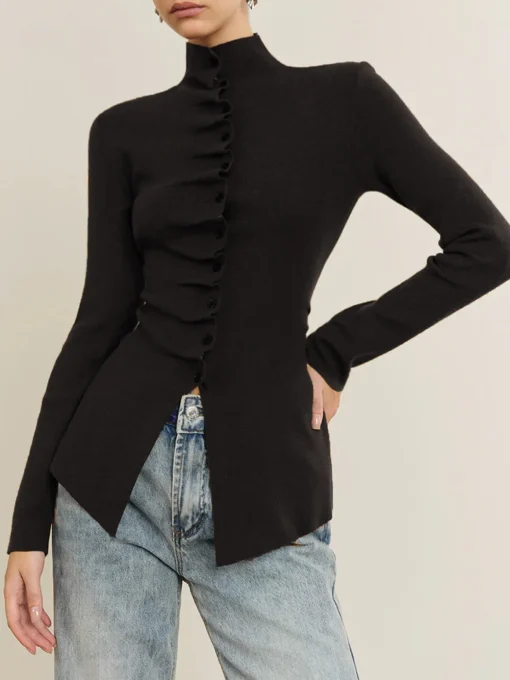 COMMENSE Sweater Tops|Sweaters & Cardigans^Button Pleated Split Knit Top DarkBrown