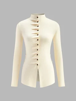 COMMENSE Sweater Tops|Sweaters & Cardigans^Button Pleated Split Knit Top DarkBrown