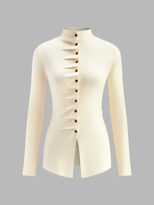 COMMENSE Sweater Tops|Sweaters & Cardigans^Button Pleated Split Knit Top DarkBrown