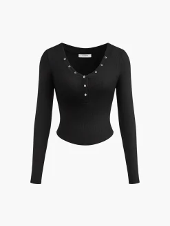 COMMENSE T-shirts|Tops^Button Ribbed Long Sleeve T-Shirt Black