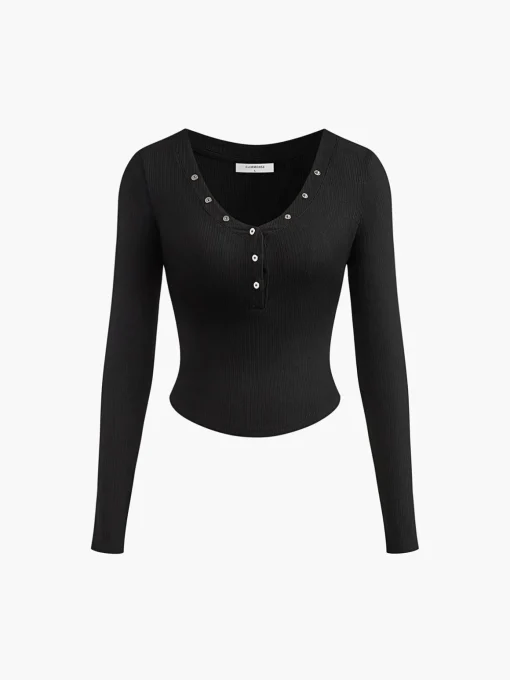 COMMENSE T-shirts|Tops^Button Ribbed Long Sleeve T-Shirt Black