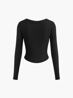 COMMENSE T-shirts|Tops^Button Ribbed Long Sleeve T-Shirt Black
