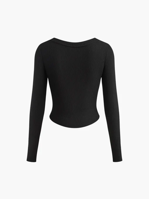 COMMENSE T-shirts|Tops^Button Ribbed Long Sleeve T-Shirt Black