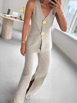 COMMENSE Pants Sets|Matching Sets^Button Split Sleeveless Pants Set Grey
