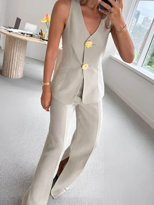 COMMENSE Pants Sets|Matching Sets^Button Split Sleeveless Pants Set Grey
