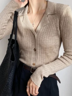 COMMENSE Sweater Tops|Sweaters & Cardigans^Button Up Collared Knit Top Khaki