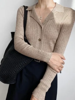 COMMENSE Sweater Tops|Sweaters & Cardigans^Button Up Collared Knit Top Khaki