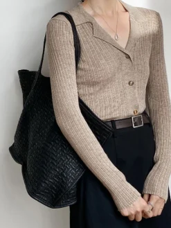 COMMENSE Sweater Tops|Sweaters & Cardigans^Button Up Collared Knit Top Khaki