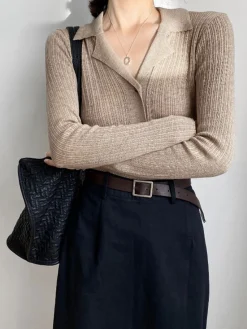COMMENSE Sweater Tops|Sweaters & Cardigans^Button Up Collared Knit Top Khaki