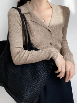 COMMENSE Sweater Tops|Sweaters & Cardigans^Button Up Collared Knit Top Khaki