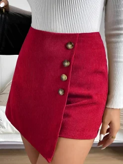 COMMENSE Skirts|Bottoms^Button-Decor Corduroy Zipper Skirt Red