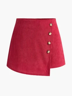 COMMENSE Skirts|Bottoms^Button-Decor Corduroy Zipper Skirt Red