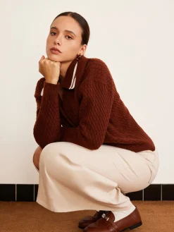 COMMENSE Sweater Tops|Sweaters & Cardigans^Cable Knit Button Polo Sweater Brown
