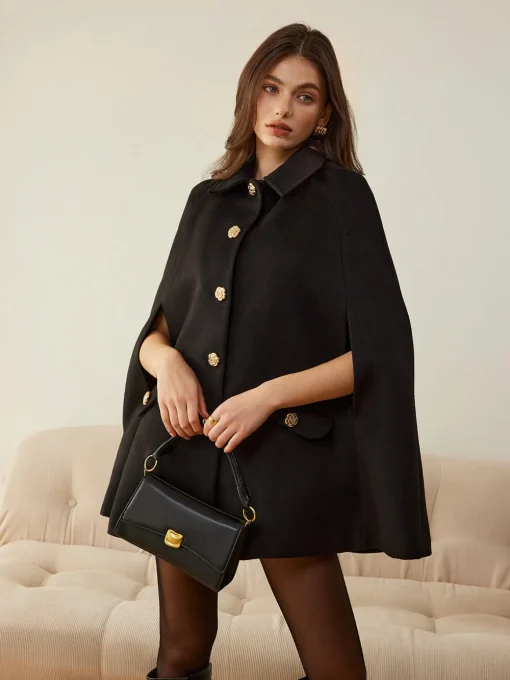 COMMENSE Outerwear|Outerwear^Camellia-Button Cloak Black
