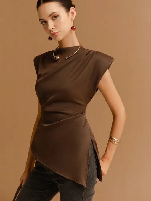 COMMENSE Tops^Cap Sleeve Asymmetrical Hem Skinny Blouse Brown