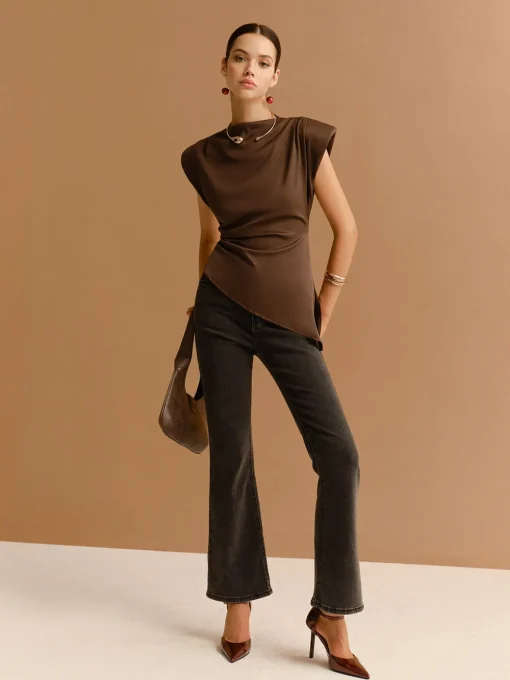 COMMENSE Tops^Cap Sleeve Asymmetrical Hem Skinny Blouse Brown