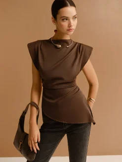 COMMENSE Tops^Cap Sleeve Asymmetrical Hem Skinny Blouse Brown