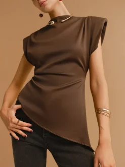 COMMENSE Tops^Cap Sleeve Asymmetrical Hem Skinny Blouse Brown