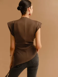 COMMENSE Tops^Cap Sleeve Asymmetrical Hem Skinny Blouse Brown