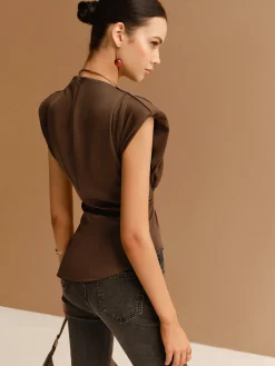 COMMENSE Tops^Cap Sleeve Asymmetrical Hem Skinny Blouse Brown