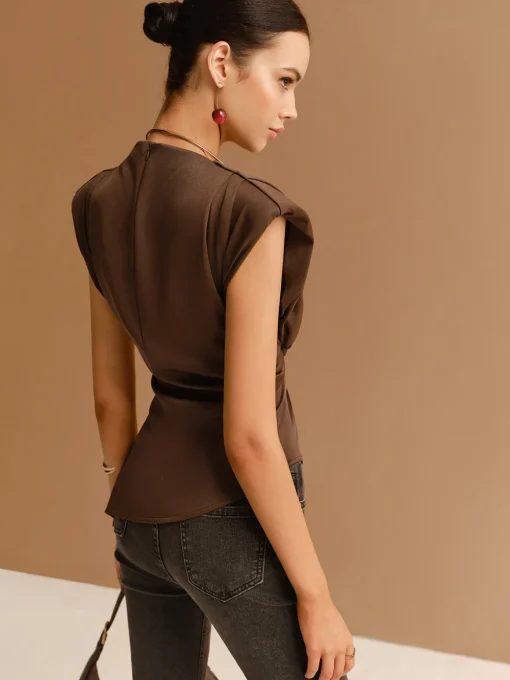 COMMENSE Tops^Cap Sleeve Asymmetrical Hem Skinny Blouse Brown