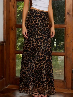 COMMENSE Skirts|Bottoms^Casual Leopard Print Chiffon Maxi Skirt DarkBrown