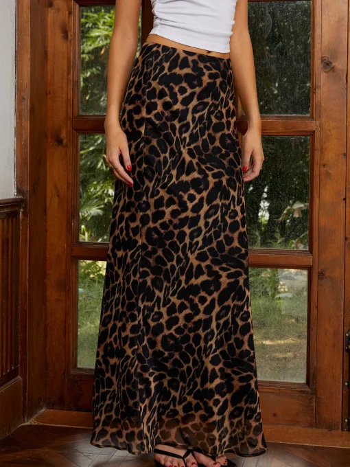 COMMENSE Skirts|Bottoms^Casual Leopard Print Chiffon Maxi Skirt DarkBrown