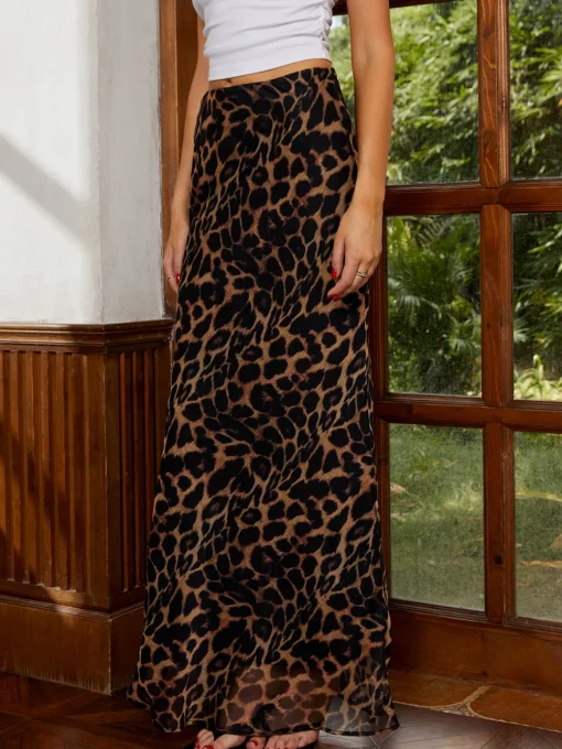 COMMENSE Skirts|Bottoms^Casual Leopard Print Chiffon Maxi Skirt DarkBrown