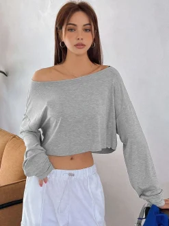 COMMENSE T-shirts|Tops^Casual Off-Shoulder Long Sleeve Short T-Shirt Grey