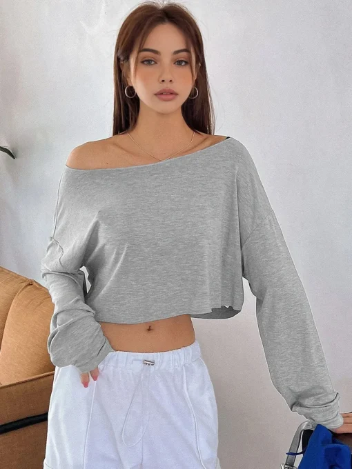 COMMENSE T-shirts|Tops^Casual Off-Shoulder Long Sleeve Short T-Shirt Grey