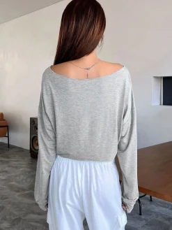 COMMENSE T-shirts|Tops^Casual Off-Shoulder Long Sleeve Short T-Shirt Grey