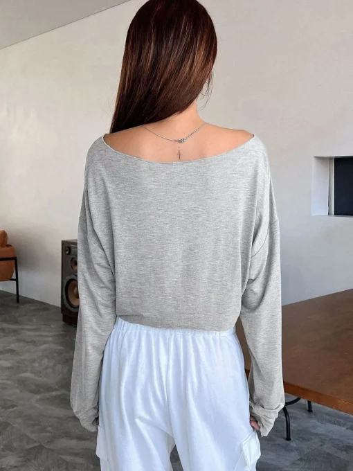 COMMENSE T-shirts|Tops^Casual Off-Shoulder Long Sleeve Short T-Shirt Grey
